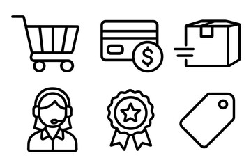 Fototapeta premium E-commerce line icon set. Online store symbols. Shopping cart, secure payment, fast delivery, customer service, quality guarantee badge, and price tag. Vector outline icons.