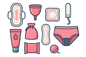 Feminine hygiene vector icon set for menstrual care. Collection of period products: sanitary pad, tampon, menstrual cup, and panties. Flat cartoon illustration concept.