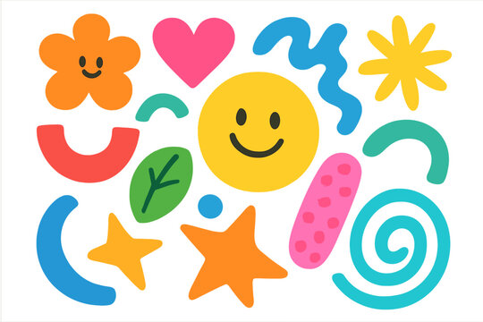 Set of colorful cute abstract shapes. Vector illustration pack with geometric elements, smiley face, heart, star, and flower. Modern flat cartoon doodle characters for design.