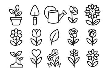 Gardening flowers outline icon set. Simple plant, nature, and floral line art collection. Vector cartoon illustration of rose, tulip, sunflower, trowel for spring or hobby.