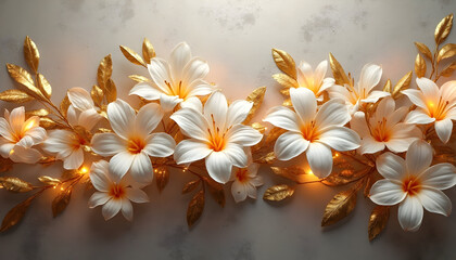 Elegant White Lily Flowers with Gold Leaves and Warm Lighting for Decorative or Wedding Use