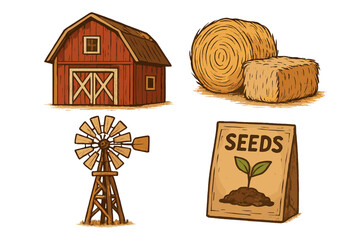 Farming icon set. Rustic farm elements: red barn, hay bale, vintage windmill, seed packet. Agriculture concept. Countryside life. Vector cartoon illustration collection.