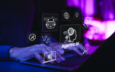 Agentic AI and Intelligent Automation Technology Concept. Typing on laptop with icons representing agentic AI, advanced artificial intelligence, chatbot, machine learning, future tech innovation,