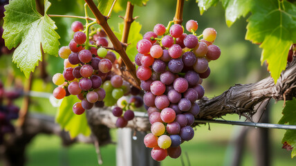 Mixed Color Grapes with Water Droplets on Vine red grapes