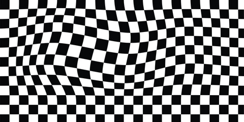 Fototapeta premium Twisted checkerboard black background. Wavy psychedelic checkerboard. Seamless Repeat Modern Trendy Irregular Warped Wavy Check Checkered Checkerboard. Vector abstract geometric wavy chessboard bg