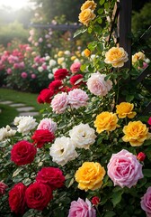 Romantic rose garden overflowing with vibrant blooms cascading from a wooden trellis structure