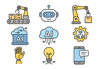 AI and robotics icon set. Artificial intelligence, automation technology concepts. Vector line icons of robot arm, chatbot, cloud computing, machine learning, and industry 4.0.