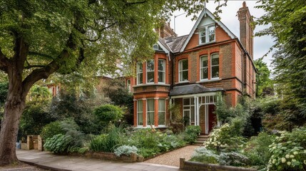 A classic Victorian house in London with brick exterior, large windows, and a garden.