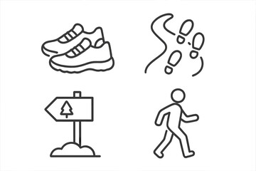 Mindful walking and hiking outline icon set. Includes sneakers, footprints on a path, nature trail sign, and a walker. Vector concept for wellness, trekking and outdoor life.