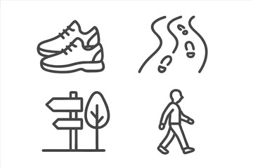 Mindful walking icon set. Concepts for meditation, wellness, mental health break. Includes line art icons of walking shoes, nature path, trail sign and a walking person.