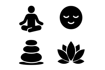 Mindfulness and meditation solid glyph icon set. Vector symbols of meditating person, lotus flower, zen stones stack, and calm face for wellness, harmony, and mental health.