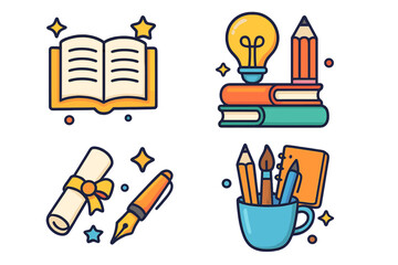 Education and knowledge icon set. Reading, writing, creativity concepts. School supplies, book, lightbulb idea, diploma, pencil, pen. Vector cartoon illustration collection.