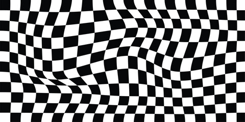 black and white wavy checkerboard background. Retro chess wavy pattern 70s 90s background texture. Retro psychedelic checkered wallpaper. Wavy groovy chessboard surface. Distorted geometric pattern.