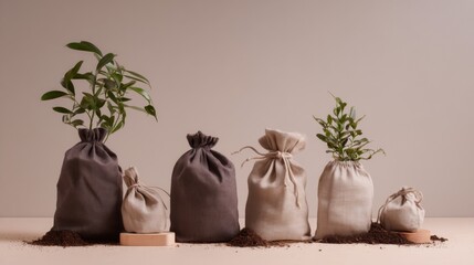 Small plants in cloth bags styled eco photography concept sustainable lifestyle gardening design inspiration image