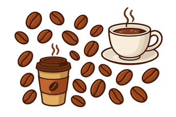 Obraz premium Coffee cup and beans vector set. Cartoon illustration of hot espresso, latte in mug and paper cup to go. Aroma roasted grain icon for cafe menu, drink logo, or sticker.