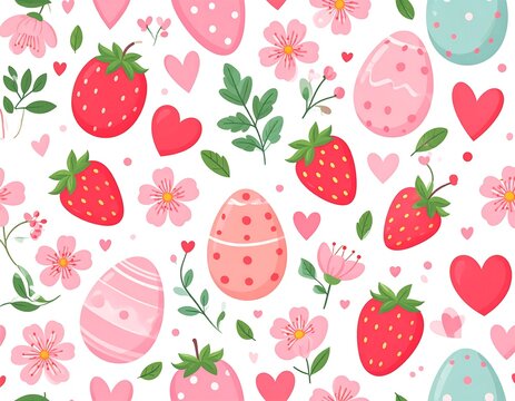 Seamless pattern of pastel eggs, strawberries, hearts & flowers