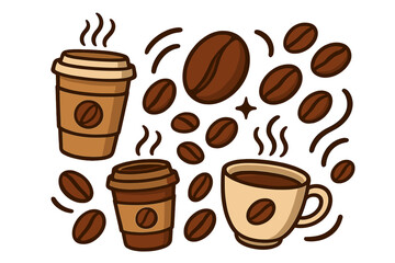 Obraz premium Coffee cup and beans vector icon set. Cartoon illustration of hot espresso, cappuccino in mug and take away paper cup. For cafe menu, branding, logo or sticker design.