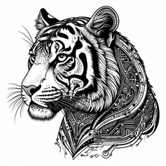 Obraz premium Detailed Black and White Tiger Portrait with Geometric Circuit Pattern Background