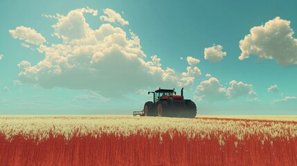 Naklejka premium Tractor harvesting ripe wheat field under a sunny sky.