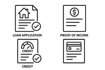 Mortgage Documents Icons Outline Set of 4, Loan Application Form, Proof of Income, Credit Report, Financial Verification, Banking Paperwork Vector Illustration