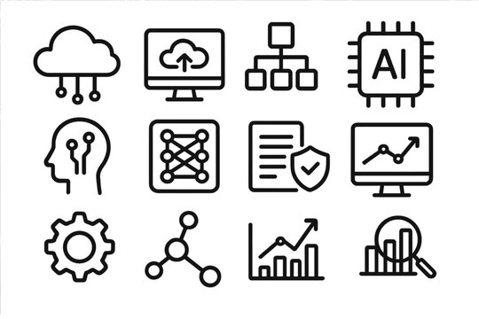 Technology AI and Data Line Icon Set, Cloud Computing and Analytics Vector Collection, Digital Network, Machine Learning, Data Security, Business Growth, Technology Innovation Symbols