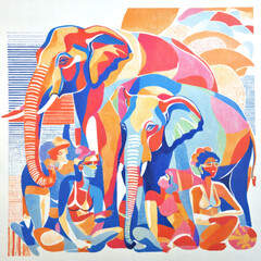 Colorful illustration in the style of modernism, people and elephants