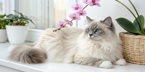 A luxurious long-haired cat with soft cream and silver fur and striking bright blue eyes, lying gracefully on a clean white surface in a calm indoor setting.