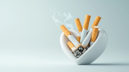 Heart-Shaped Ashtray Filled with Cigarettes and Smoke in a Soft Setting