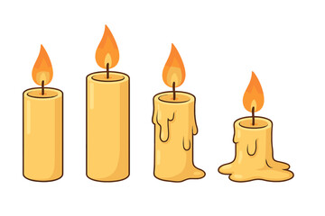 Progression of burning candles showing different stages of flame, wax melting, and candle height in a calm setting, vector cartoon illustration with transparent background