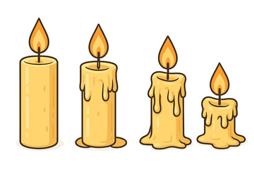 Progression of burning candles showing different stages of melting wax and flame in a calm setting, vector cartoon illustration with transparent background, candlelight, fire