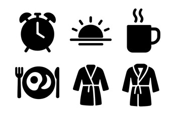 Morning routine icons set with alarm clock, sunrise, steaming coffee mug, breakfast plate, and cozy bathrobe vector illustration for daily lifestyle and comfort