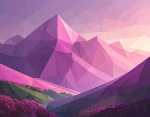 Stunning polygonal mountain landscape bathed in soft pink and purple dawn light