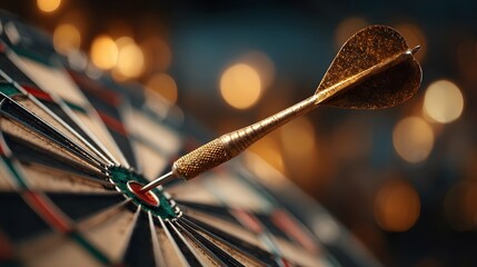 Dart hits the exact center of a dartboard's bullseye, captured with a shallow depth of field against a celebratory blur of golden bokeh lights.