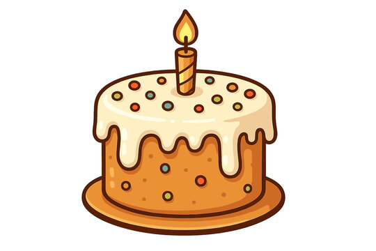 Cartoon birthday cake vector icon for celebration. Cute party dessert with one candle and white icing glaze. Sweet food illustration with colorful sprinkles. Simple pastry graphic.