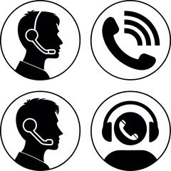 Customer service communication icons featuring headsets and telephones in circular silhouettes vector