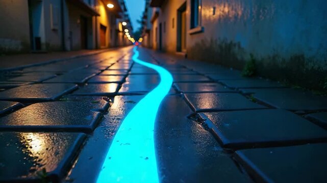 A glowing blue line winds through a silent city, marking the invisible flood yet to come. The street becomes a map of future water