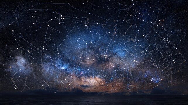 Starry sky with bright constellations forming the 12 zodiac symbols, Milky Way background, ultra-detailed astrophotography style