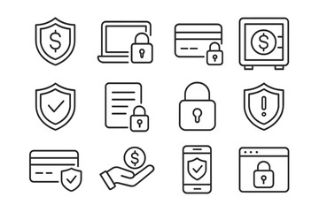 Financial security line icon set. Secure banking, online payment protection, data privacy concepts. Vector lock, shield, safe, credit card & money symbols for web and mobile.