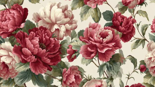 A vintage wallpaper pattern with large, detailed pink and red peonies on an off-white background, creating a classic Victorian feel.