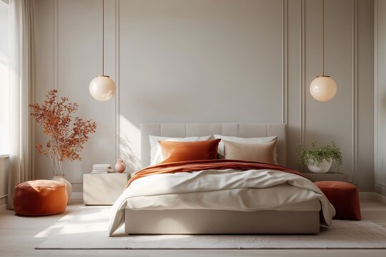 Modern bedroom design with warm tones and cozy furnishings in a spacious, well-lit interior