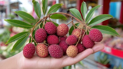 A person holding a colorful bunch of fresh fruit in a vibrant exotic market close-up with hand-picked detail