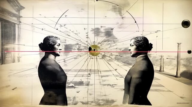 Illustration of two vintage-style women facing each other, with light rays and spheres connecting them, in a concept of duality and quantum physics.