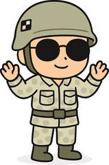 Cartoon illustration of happy soldier in military uniform wearing helmet and sunglasses, smiling army man with raised hands, defense character.