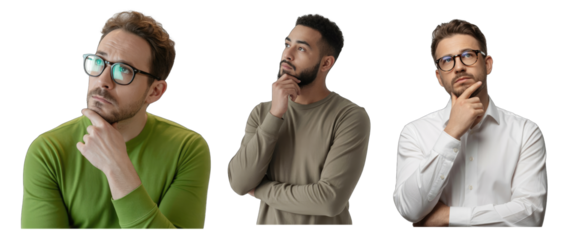 Three men thinking with hands on chins wearing casual and isolated on white transparent background png jpg business people clipping path cutout 2025 2026 4k full hd poster banner label download