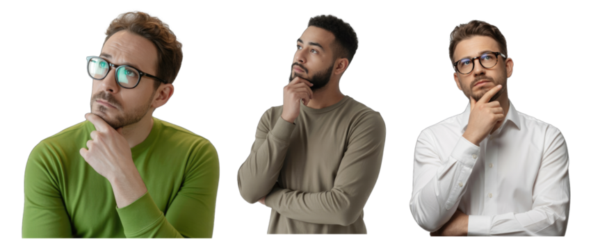 Three men thinking with hands on chins wearing casual and isolated on white transparent background png jpg business people clipping path cutout 2025 2026 4k full hd poster banner label download