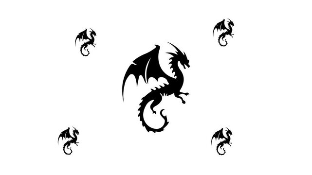 Zoom in and out animation the dragon symbol. Large black symbol in the center and four small symbols around. Seamless looped 4k animation on white background