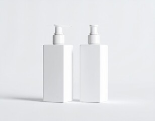 Two White Octagonal Cosmetic Bottles with Pump Dispensers on White Background