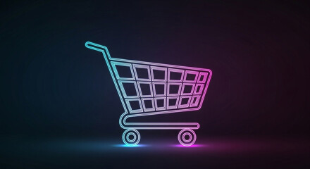 Digital Shopping Cart Icon Glowing with Neon Lights on a Dark Background Illustrating Online Commerce and E-commerce Transactions