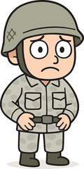 Cartoon illustration of sad soldier in military uniform and helmet, concept of war, army, service, stress, defense, military life.