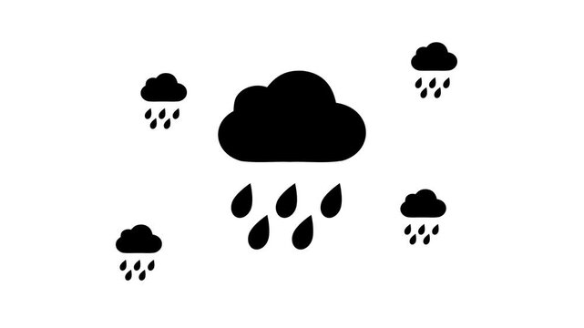 Zoom in and out animation the rain symbol. Large black symbol in the center and four small symbols around. Seamless looped 4k animation on white background